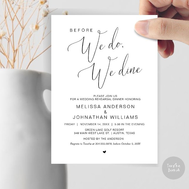 Convite Antes que o façamos, jantamos, Janto de ensaio de  (Before We Do, We Dine, Wedding Rehearsal Dinner Invitation Card, PDF, in Black and White)