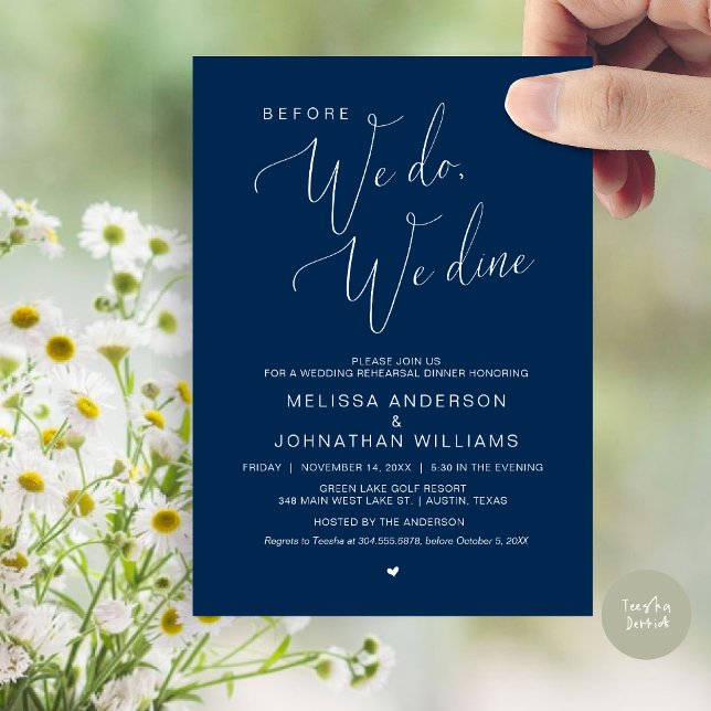 Convite Antes que o façamos, jantamos, Janto de ensaio de  (Before We Do, We Dine, Wedding Rehearsal Dinner Invitation Card, PDF, in Navy Blue)
