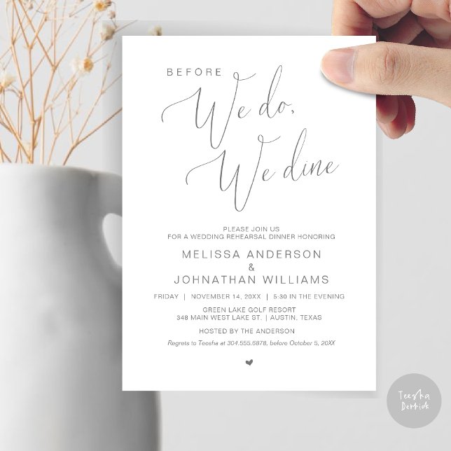 Convite Antes que o façamos, jantamos, Janto de ensaio de  (Before We Do, We Dine, Wedding Rehearsal Dinner Invitation Card, PDF, in Dark Grey)