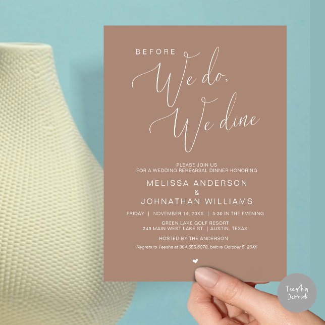 Convite Antes que o façamos, jantamos, Janto de ensaio de  (Before We Do, We Dine, Wedding Rehearsal Dinner Invitation Card, PDF, in Neutral Taupe)