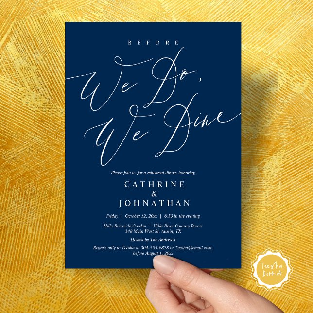 Convite Antes que o façamos, jantamos, Janto de ensaio de  (Before we do, we dine, modern romantic wedding rehearsal dinner invitation card, pdf, in navy blue)