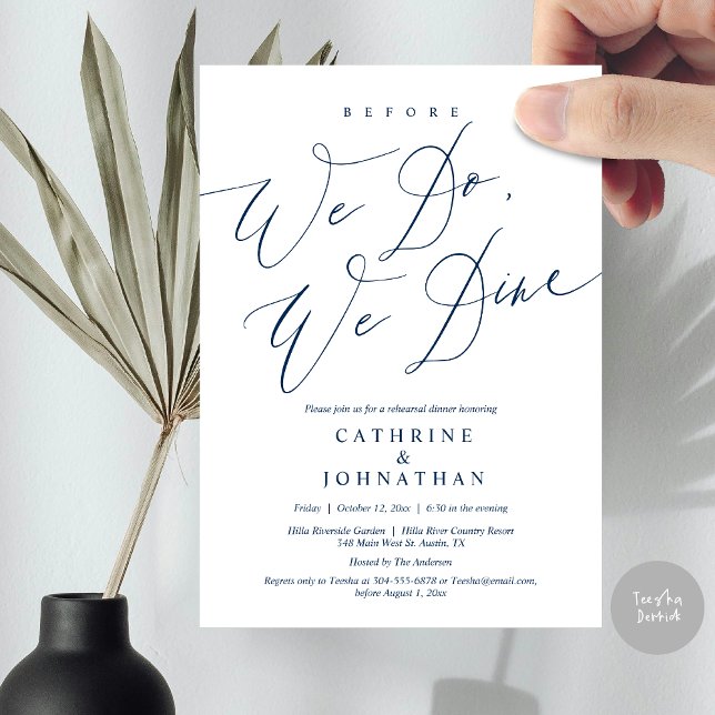 Convite Antes que o façamos, jantamos, Janto de ensaio de  (Before we do, we dine, modern romantic wedding rehearsal dinner invitation card, pdf, in navy blue)