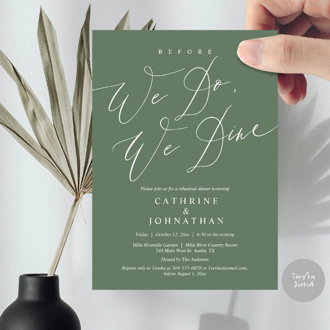 Convite Antes que o façamos, jantamos, Janto de ensaio de  (Before we do, we dine, modern romantic wedding rehearsal dinner invitation card, pdf, in sage green)