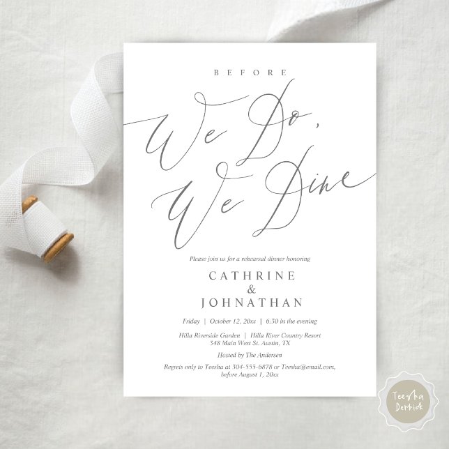 Convite Antes que o façamos, jantamos, Janto de ensaio de  (Before we do, we dine, modern romantic wedding rehearsal dinner invitation card, pdf, in dark grey)