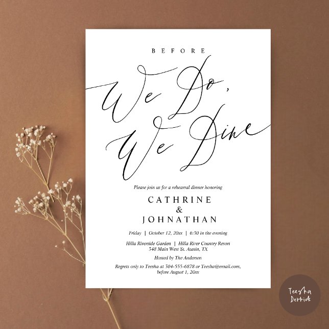 Convite Antes que o façamos, jantamos, Janto de ensaio de  (Before we do, we dine, modern romantic wedding rehearsal dinner invitation card, pdf, in Black White)