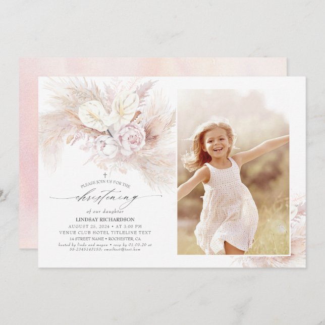 Convite Anthurium Pampas Grass Floral Christening Foto (Frente/Verso)