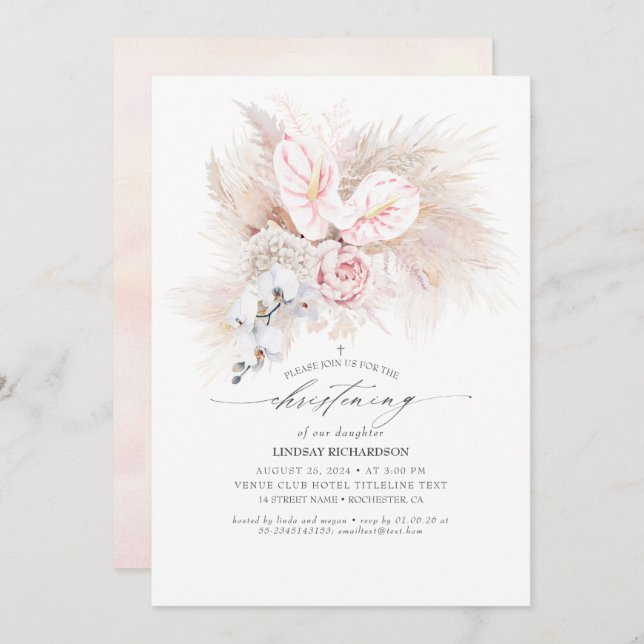 Convite Anthurium rosa e Pampas Grass Floral Christening (Frente/Verso)