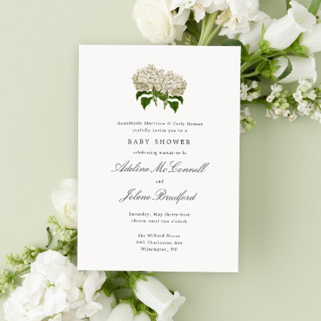 Convite Anticorpos de Hydrangea branca Grande Milênio Dupl (Grand millennial style double mama baby shower invitation with antique white hydrangea flowers)