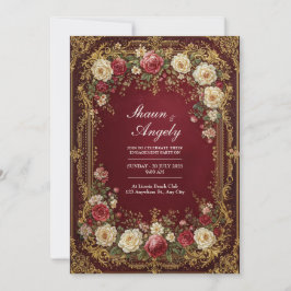 Convite Antigo Casamento Formal Floral Borgonha Dourado