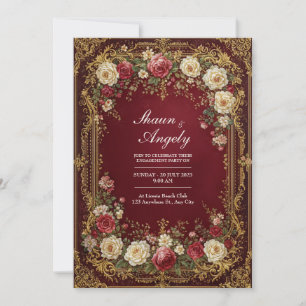Convite Antigo Casamento Formal Floral Borgonha Dourado