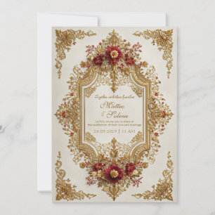 Convite Antigo Casamento Formal Floral Borgonha Dourado