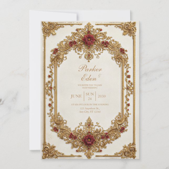 Convite Antigo Casamento Formal Floral Borgonha Dourado (Frente)