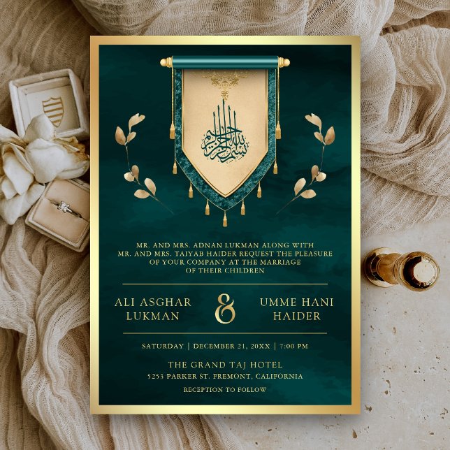 Convite Antigo Casamento Muçulmano Dourado Verde Água com  (Criador carregado)