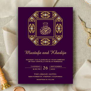 Convite Antigo Dourado Ornamentado Damasko Roxo Casamento