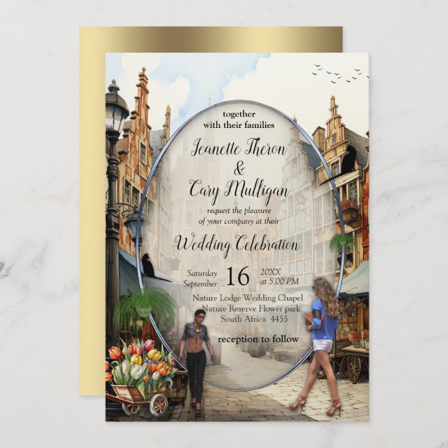 Convite Antigo estilo Anton Pieck do Mercado de Amsterdã (Frente/Verso)