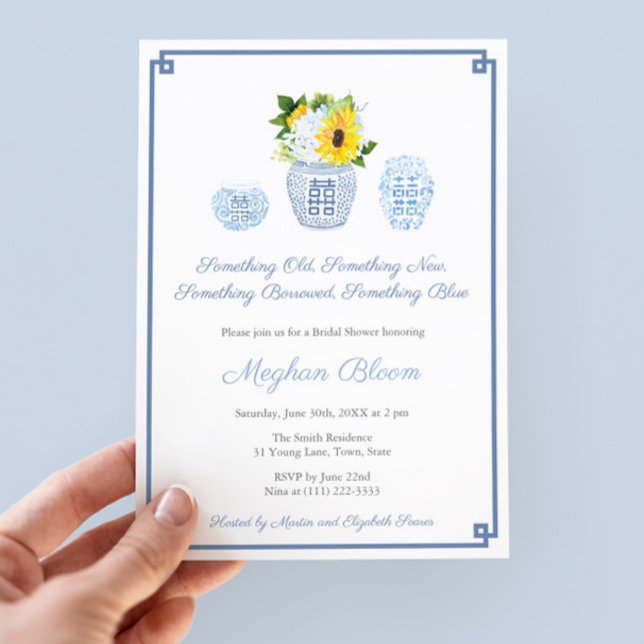 Convite Antigo novo Chá de casamento Clássico Azul Emprest (Something Old New Borrowed Blue Bridal Shower invitation with sunflowers and preppy ginger jars)