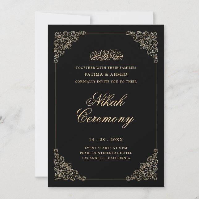 Convite Antigo Ouro Barroco Script Cerimônia de Nikah Pret (Frente)