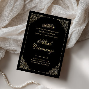 Convite Antigo Ouro Barroco Script Cerimônia de Nikah Pret
