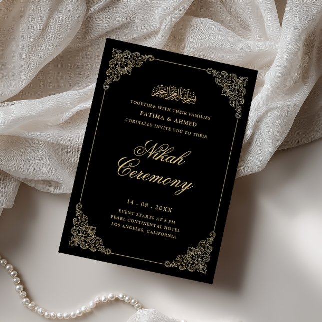 Convite Antigo Ouro Barroco Script Cerimônia de Nikah Pret (Criador carregado)