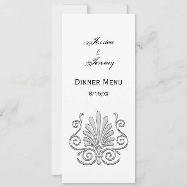 Convite Antigo Prateado Art Déco com Plumas Arabesco (Frente)