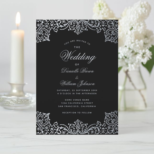 Convite Antigo Preto Falso Prata Elegante Casamento Vintag (Criador carregado)