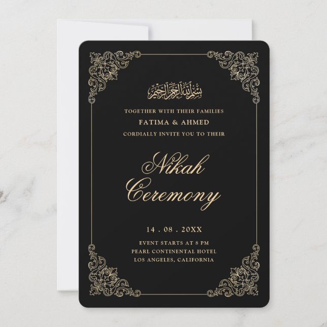 Convite Antigo Script Ouro Barroco Cerimônia de Nikah Pret (Frente)