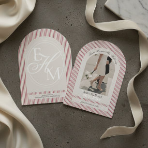 Convite Antigo Script Red Stripe Foto Salva a Data