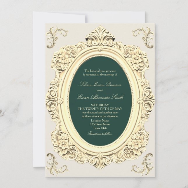 Convite Antigo Verde Esmeralda Dourado Casamento (Frente)