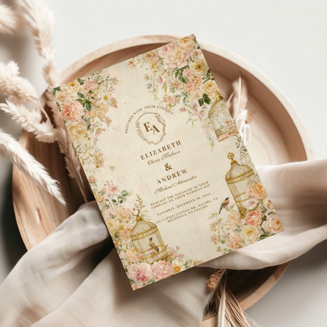 Convite Antigos Rosas de jardim e aves (Criador carregado)