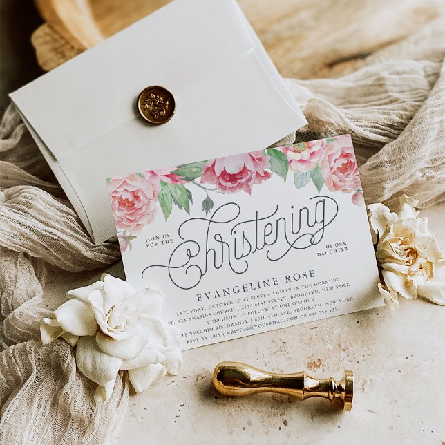 Convite Antiquado de Peony Christening (Criador carregado)