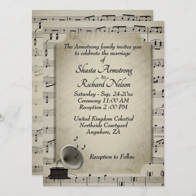 Convite Antiquado De Tema De Casamento Musical Gra (Frente/Verso)