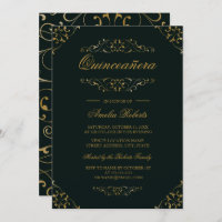 Antiquado Emerald Dourado Quinceanera Invite