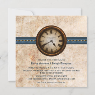 Convite Antiquado para Casamento de Relógio, Azul