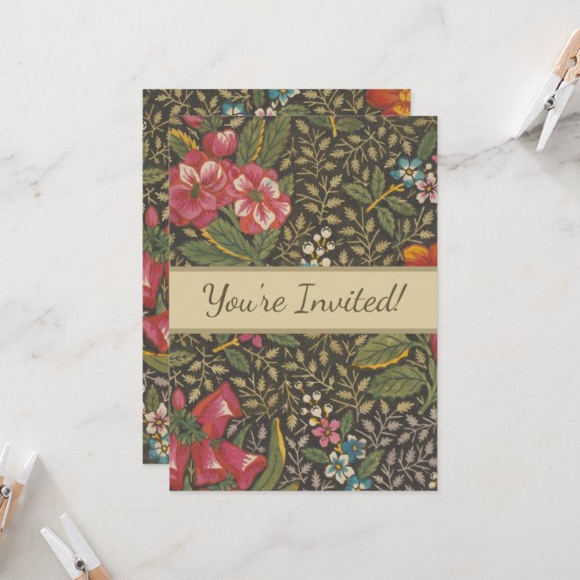 Convite Antiquado Toile de Jouy 1800s Floral Branches (Frente/Verso In Situ)