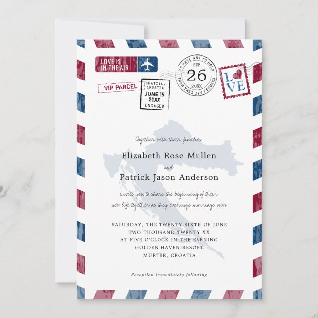 Convite Antique Airmail Parcel to Croácia Wedding (Frente)