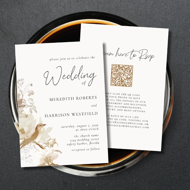 Convite Antique Elegance Vintage Floral Wedding (Antique Elegance Vintage Floral Wedding Invitation with QR Code on the Back)