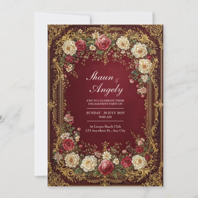Convite Antique Gilded Burgundy Floral Formal Wedding (Frente)