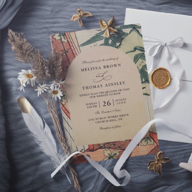 Convite Antique Japanese Kimono Bamboo QR Code Wedding (Criador carregado)