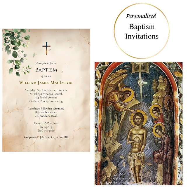 Convite Antique Style Parchment Greenery Baptism (Criador carregado)