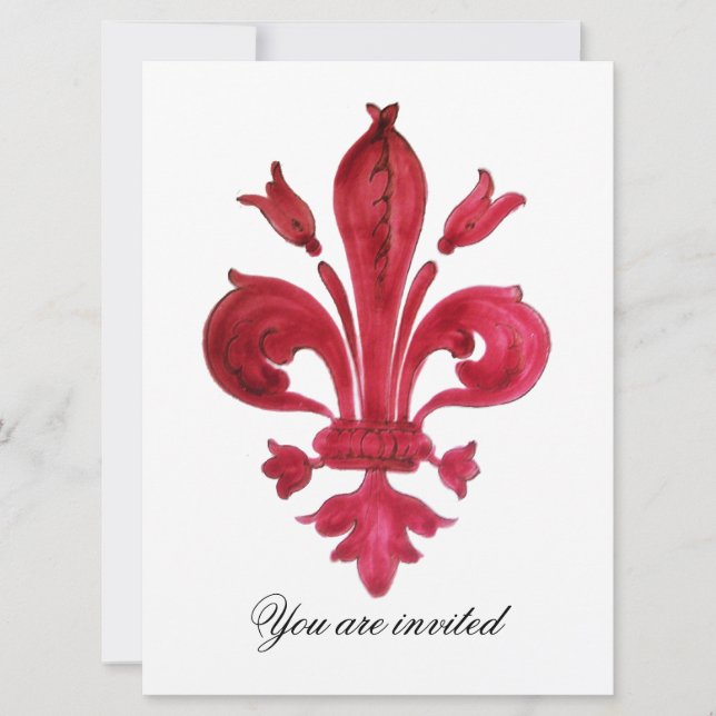 Convite ANTIQUE VERMELHO FLEUR DE LIS Damask Gem Monograma (Frente)