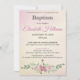 Convite Antique Yellow & Dusty Rose Watercolor Baptism