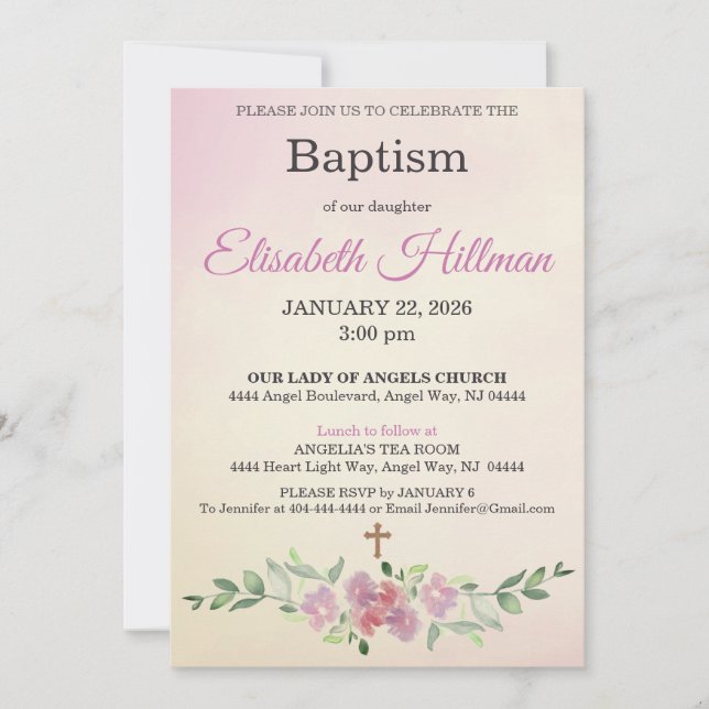 Convite Antique Yellow & Dusty Rose Watercolor Baptism (Frente)