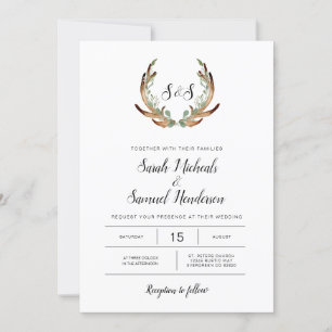 Convite Antler rústico & casamento escuro da aguarela das