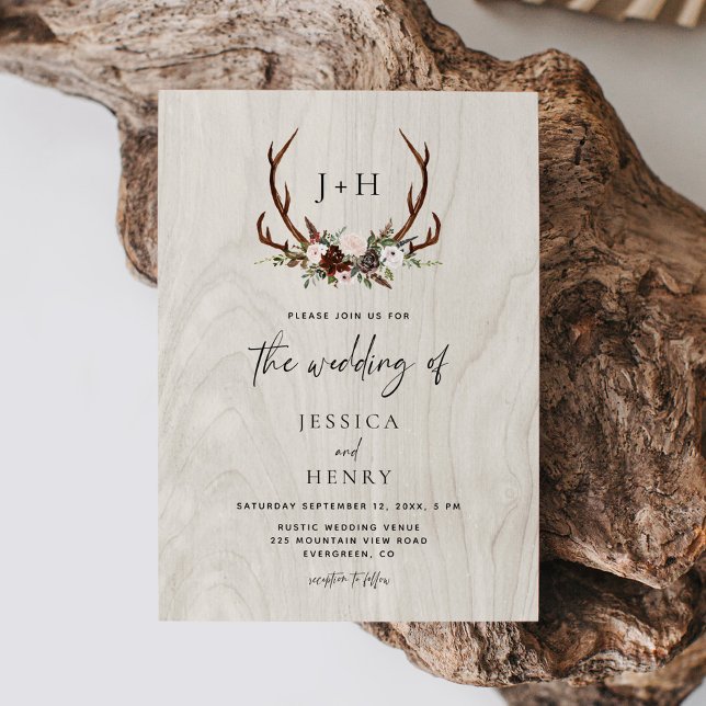 Convite Antlers Rustic Wood Boho Wedding (Criador carregado)