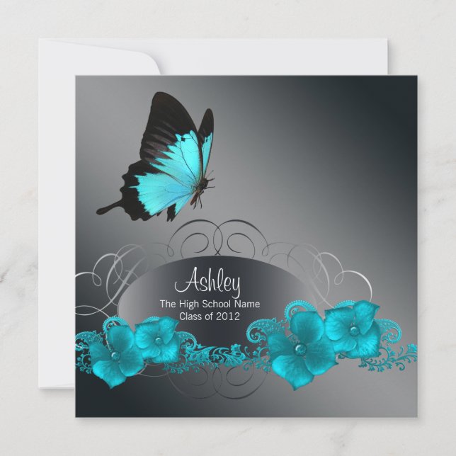 Convite Anúncios de Formatura com Borboleta Azul Turquesa (Frente)