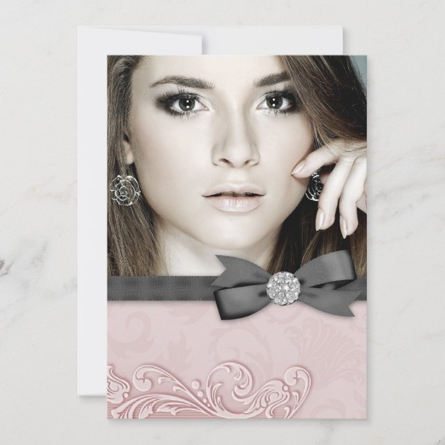 Convite Anúncios de Graduação de Foto em Damasco Preto Ros (Frente)