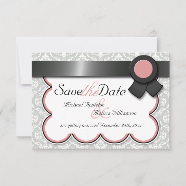 Convite Anúncios de Mauve e Cinza Save the Date com Damask (Frente)