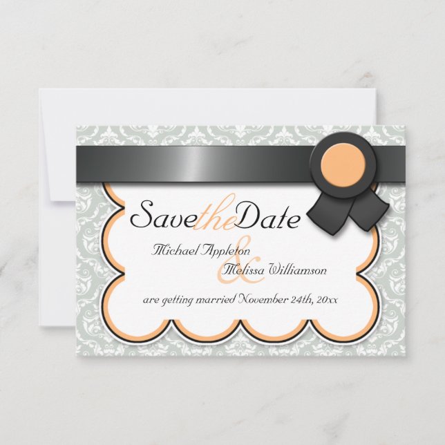 Convite Anúncios de Orange & Gray Damask Save the Date (Frente)