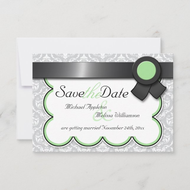 Convite Anúncios de Sage & Gray Damask Save the Date (Frente)