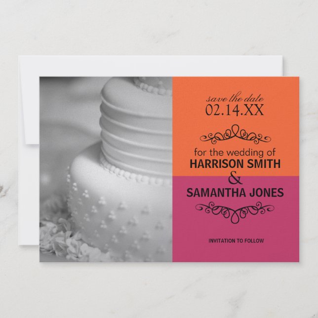 Convite Anúncios de Save the Date de Casamento Laranja e R (Frente)